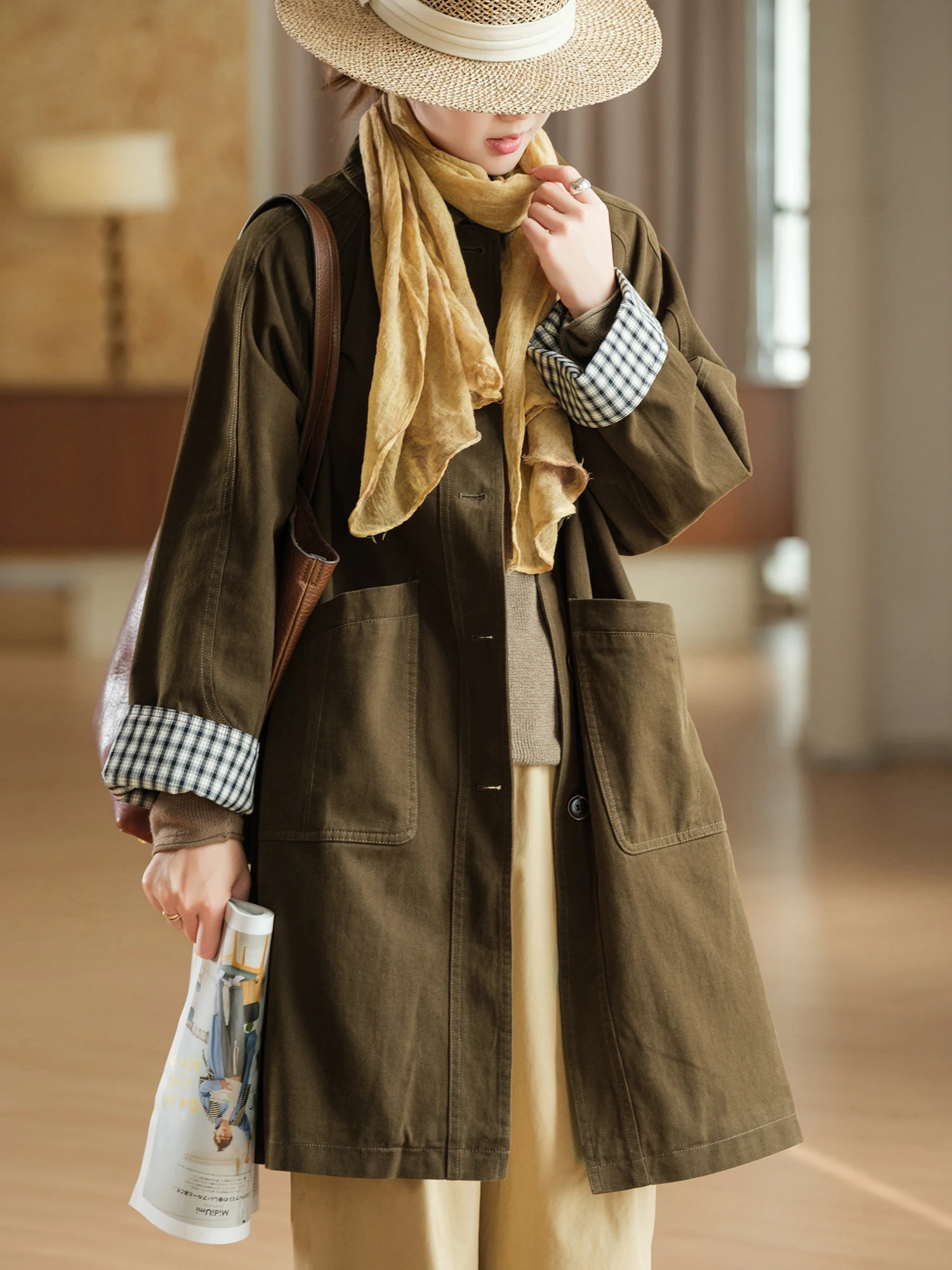 Small Ear Production! Heavyweight Sand Wash Plaid Sleeve Patchwork Mid-Length Coat 100% Cotton Precision Combed Long Coat
