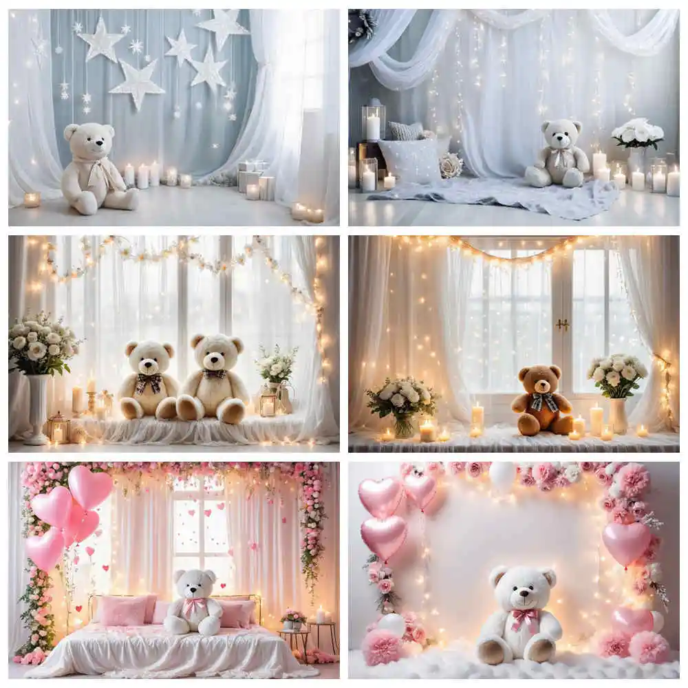 

MOON.QG Teddy Bear Heart Balloon Birthday 1 Year Background Flower Draping Cloth Backdrop for Photo shoot Sign Photography Props