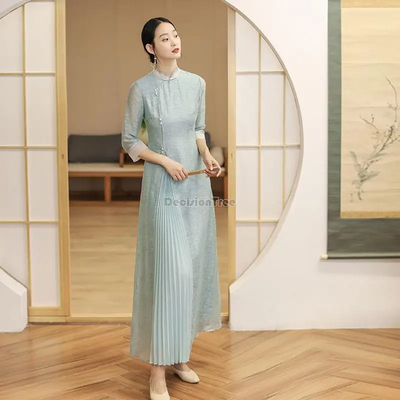 

2023 autumn new chinese national style zen tea dress cheongsam element half sleeve long improved elegant aodai party dress g902