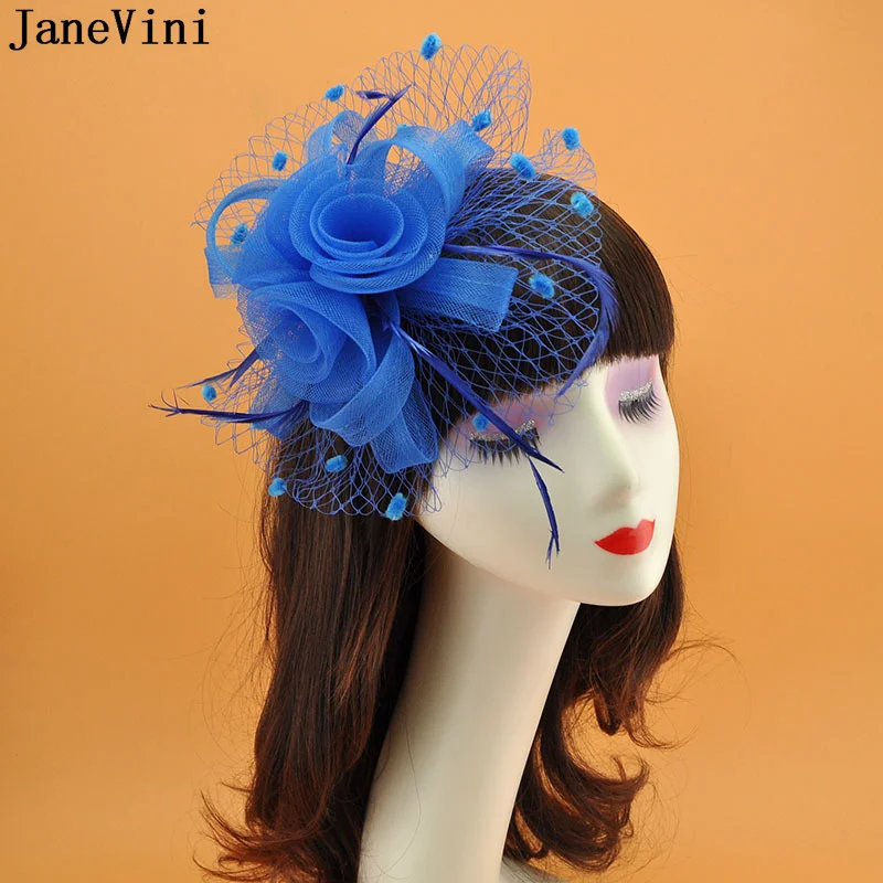 JaneVini Fascinators Hat Women Flower Mesh Vintage Feather Wedding Bridal Hat with Clip Cocktail Tea Party Headwewar Jockey Hats