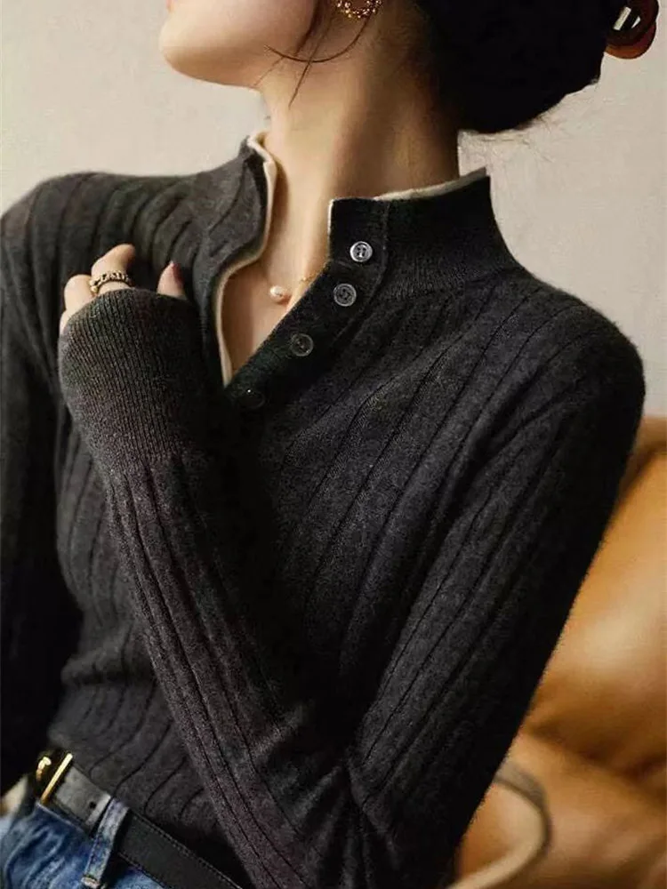 High Quality Women Autumn Winter Casual Turn-down Collar Pullover Sweater 100% Merino Wool Thickened Warm Cashmere Knitwear Top