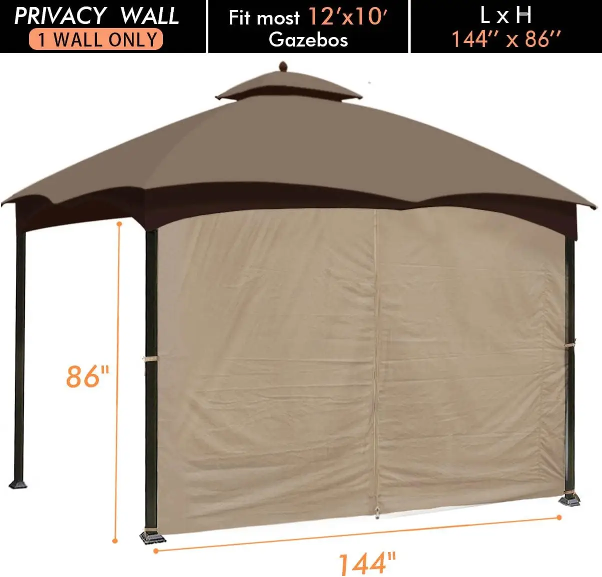 

Gazebo Replacement Privacy Curtain, 12ft Sidewall with Zipper Outdoor Universal Privacy Panel Sidewall (One Side Only)