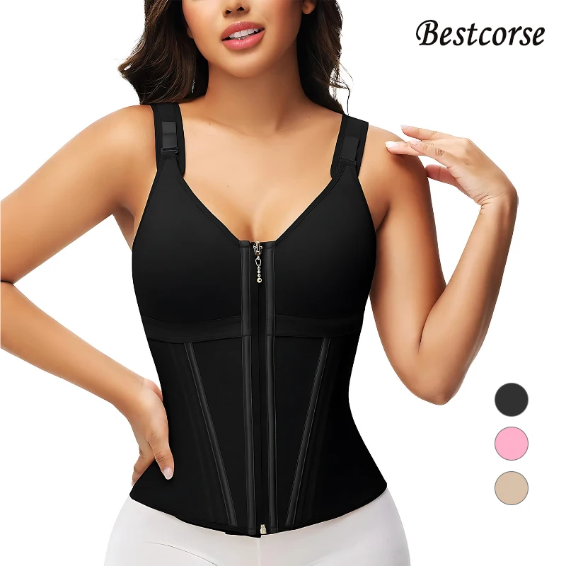 

Double Layer Hourglass Corset Waist Trainer Vest Sports Girdle Workout Body Shaper Tummy Control With Steel Boned Bra Pink
