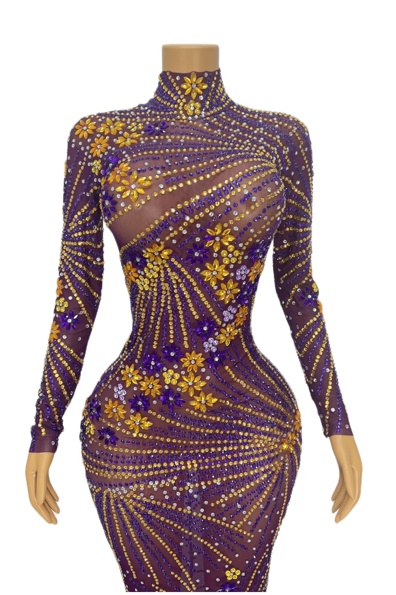 Sera da donna Festeggia il ballo di fine anno Abito con strass viola Abito lungo aderente in rete trasparente a maniche lunghe Costume da palcoscenico per discoteca