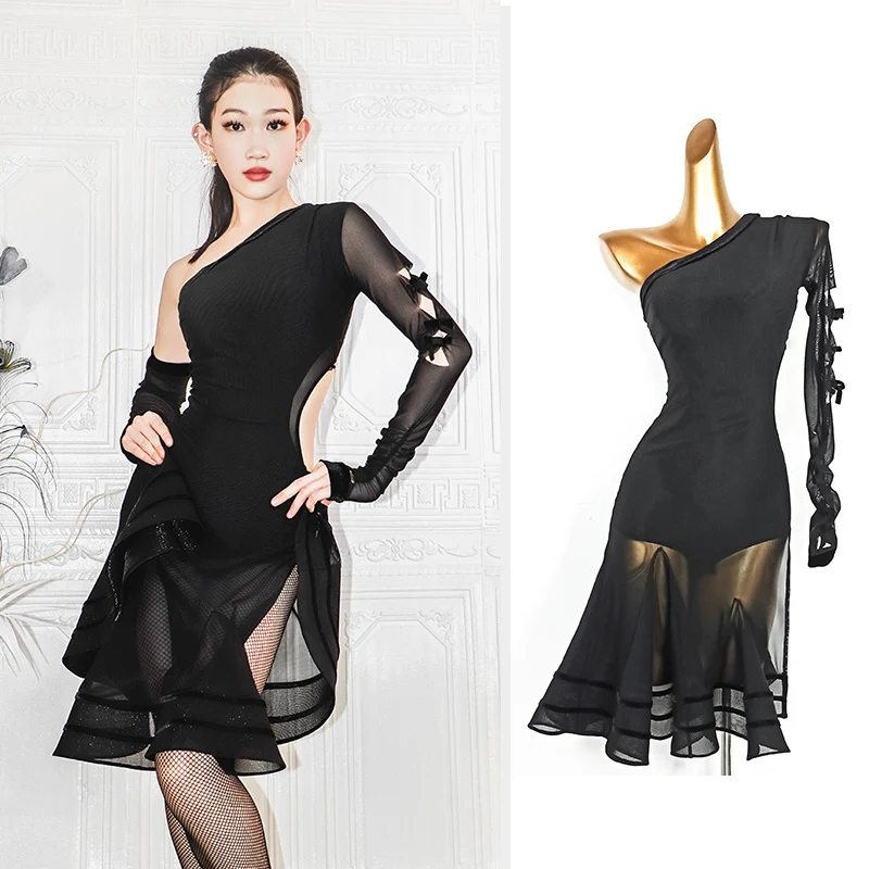 

Sexy Backless Latin Dance Dress Female Black Single Sleeve Rumba Performance Costume Prom ChaCha Samba Dancing Dress VDB6655