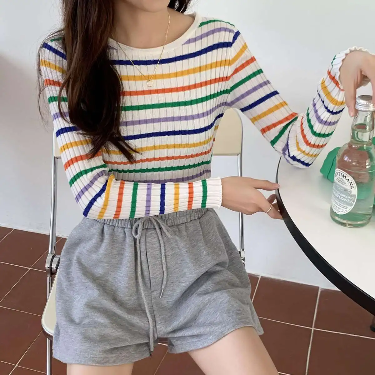 Herbst Winter Damen Gestreifter Boting irt Sweet Sle Long Sve Strickpullover Single Piece Herbstkollektion