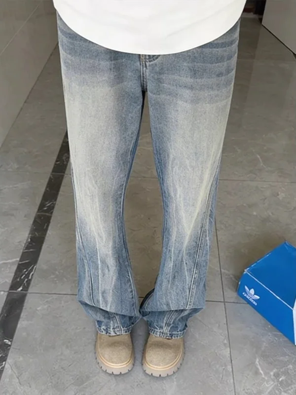 

American Sle Slant Cut Lightning Pattern Men's Jeans Spring Cleanfit Versatile Long Legging Micro Flared Pants