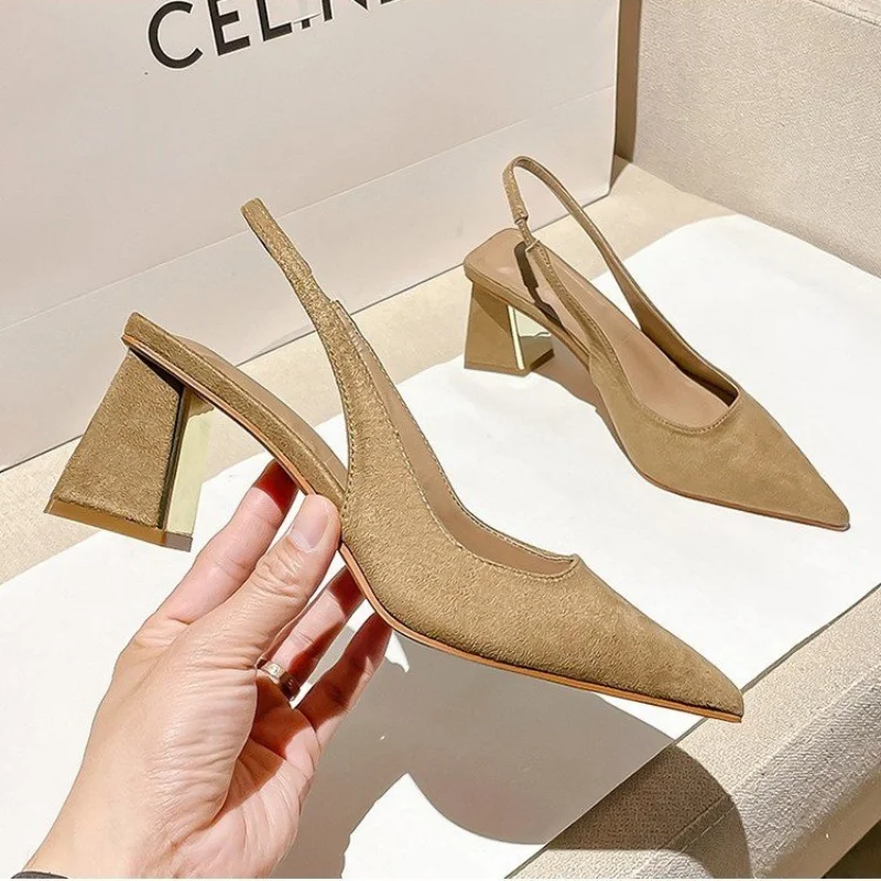 2024 Woman Brown Chunky Heel Slingback Mules Casual Pointed Shallow Mouth Heels Vintage Black Office High Shoes Women New