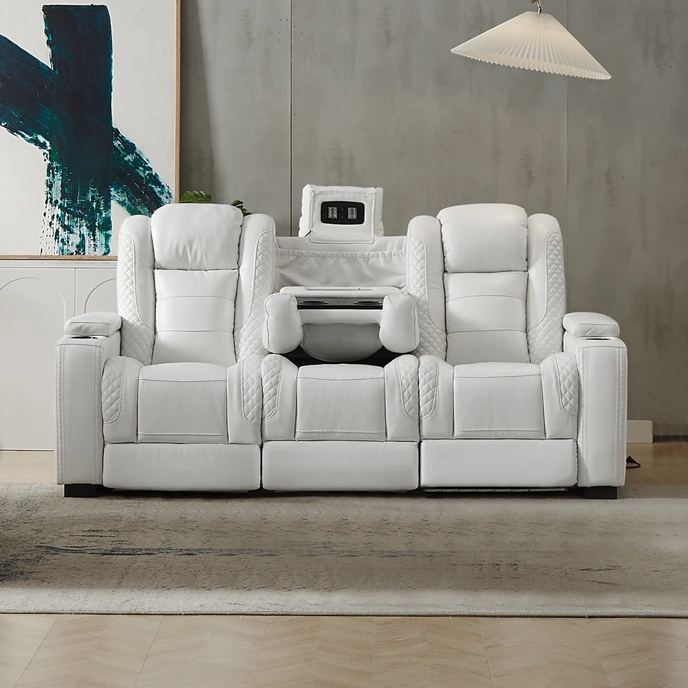 

Luxury Power Recliner White Leather Sofa for Home Theater Electric VIP Cinema Sofa Set with Extendable Feature for Lay Down