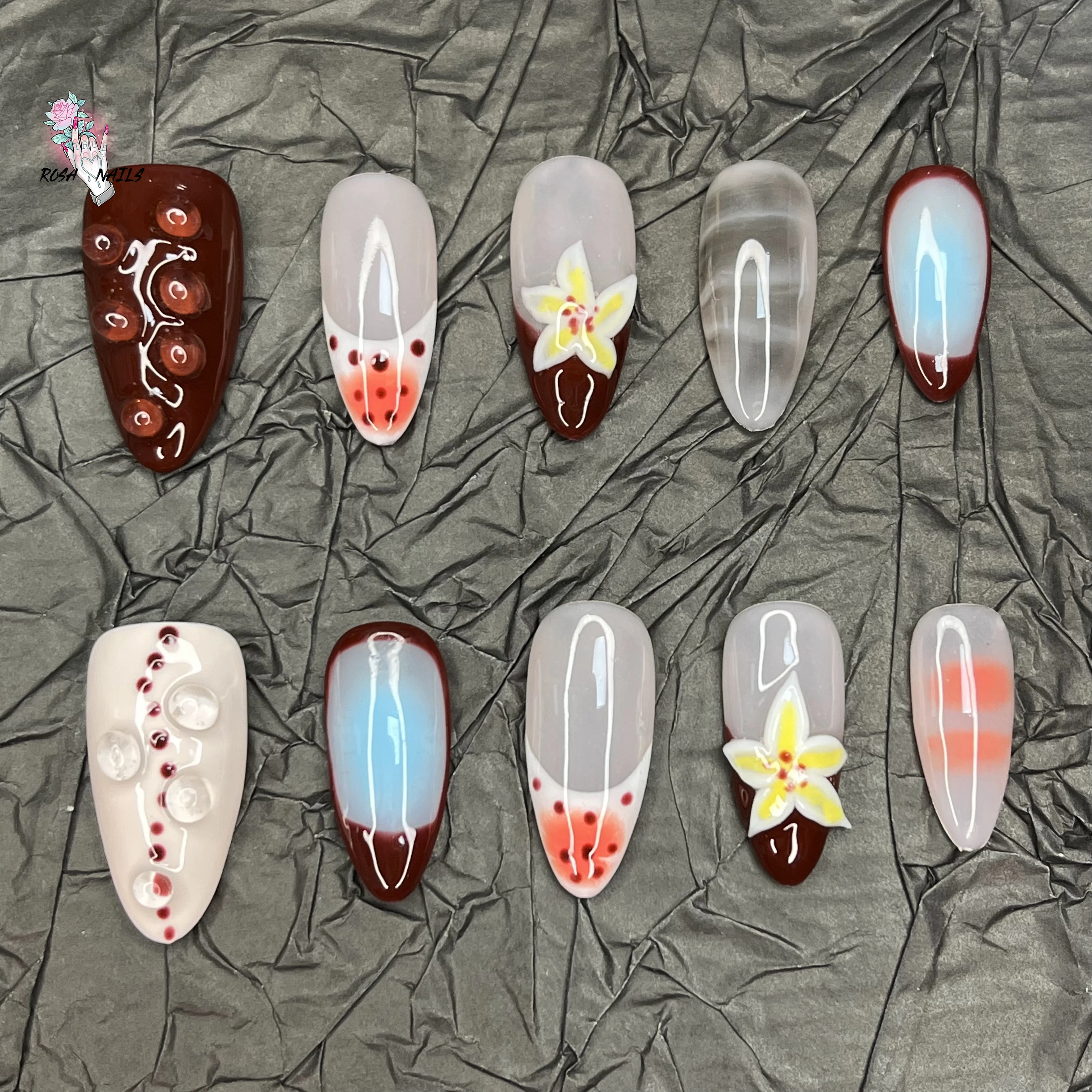

10pcs Handmade Press on Nails Short 3D Brown Flowers Fake Nail Art Full Cover Flower Presson Y2k Medium Almond Shape False Nails