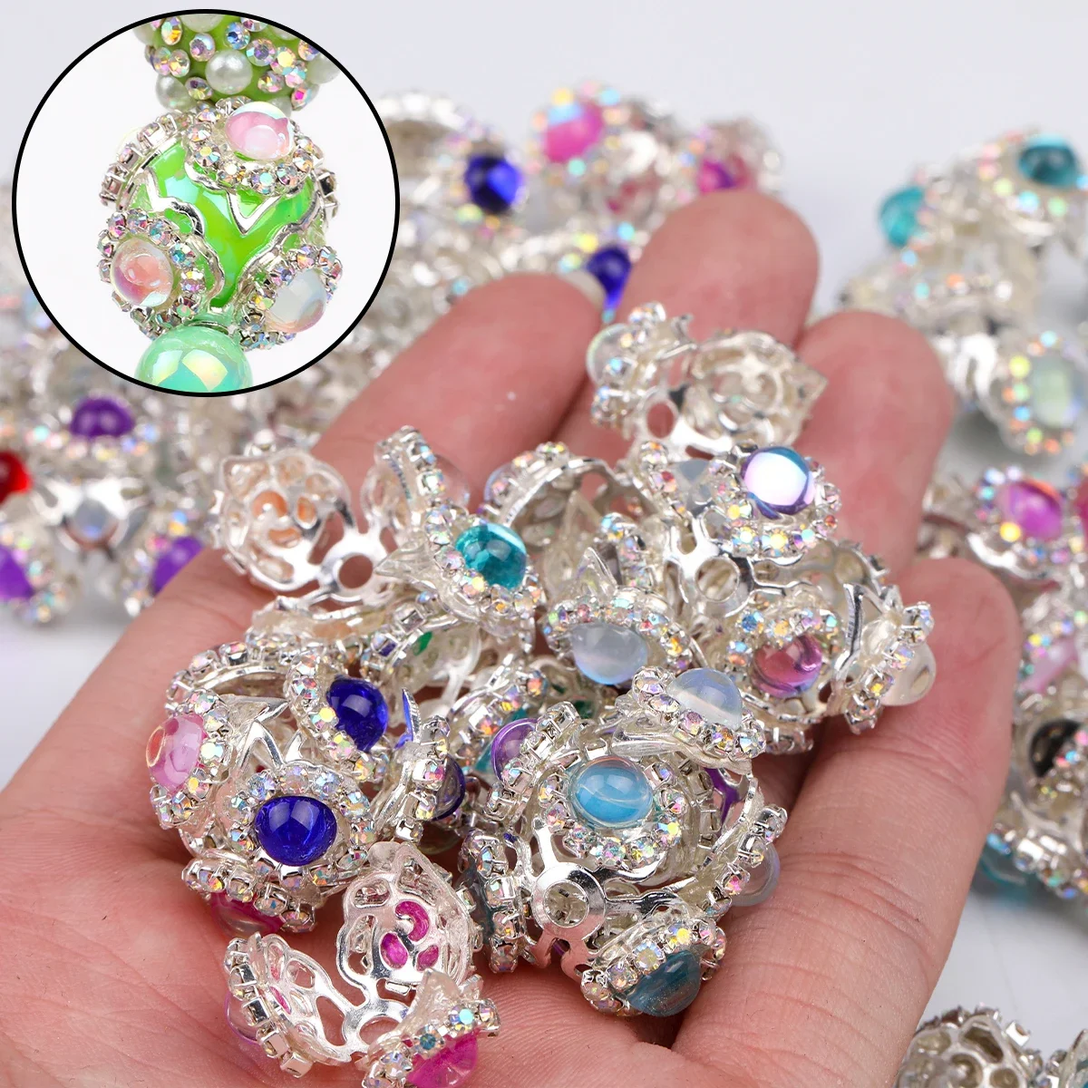 5/10pcs Random Color 21x12mm Hollow Rhinestone Flower Large Hole Zinc Alloy Beads for Bracelet & Decor Pen DIY Craft
