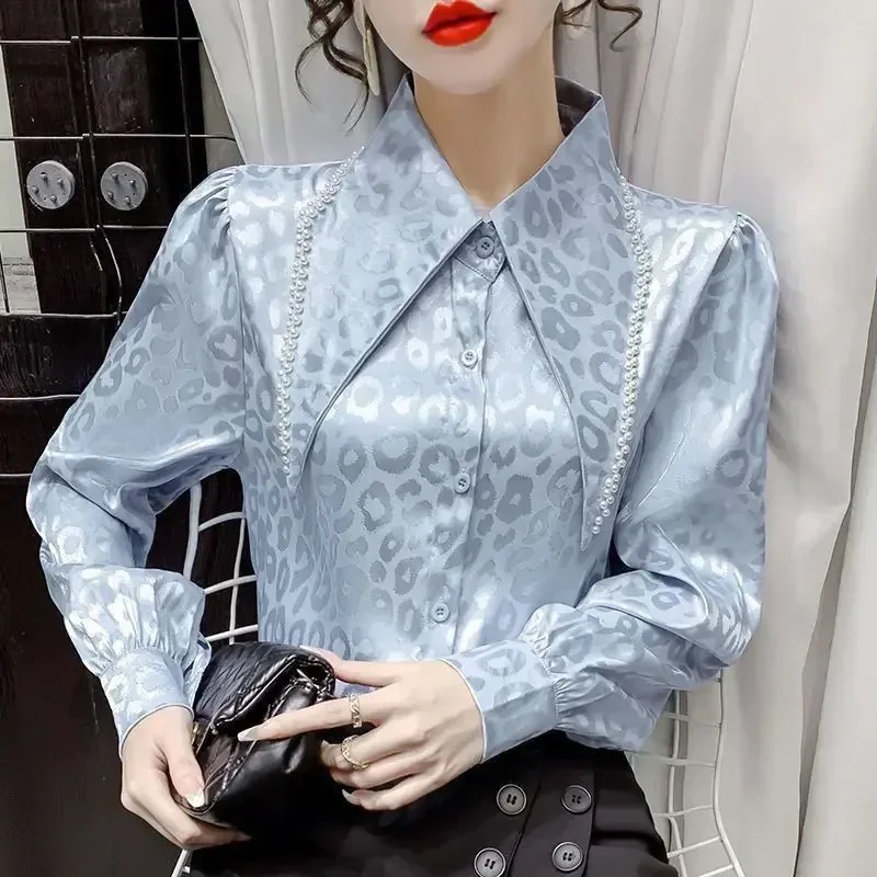 

Women Clothing Chic Printed Solid Blouse Spring Autumn Long Sleeve Korean Fashion Loose All-match Shirts Offcie Lady Pearl Tops