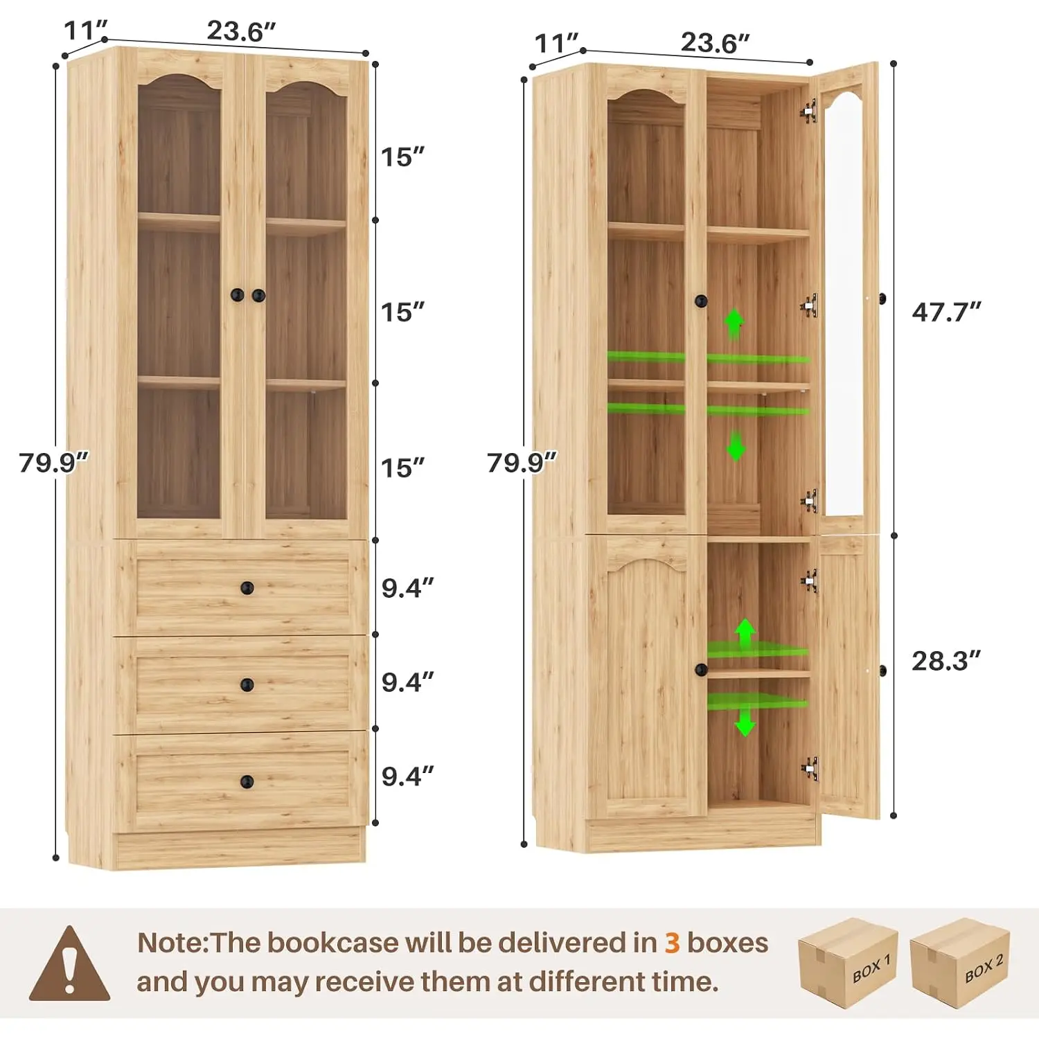 Tall Pantry Cabinet with Drawers & Arched Glass Doors, 80 Inch, 3 Piece, Customized