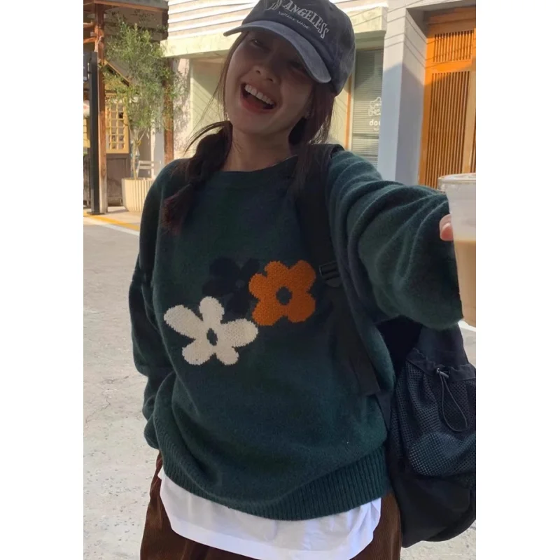 

Women Green Clothing Vintage Knitting Sweater Printing Black Long Sleeve Casual Korean Fashion Baggy Female 2023 Winter Tops