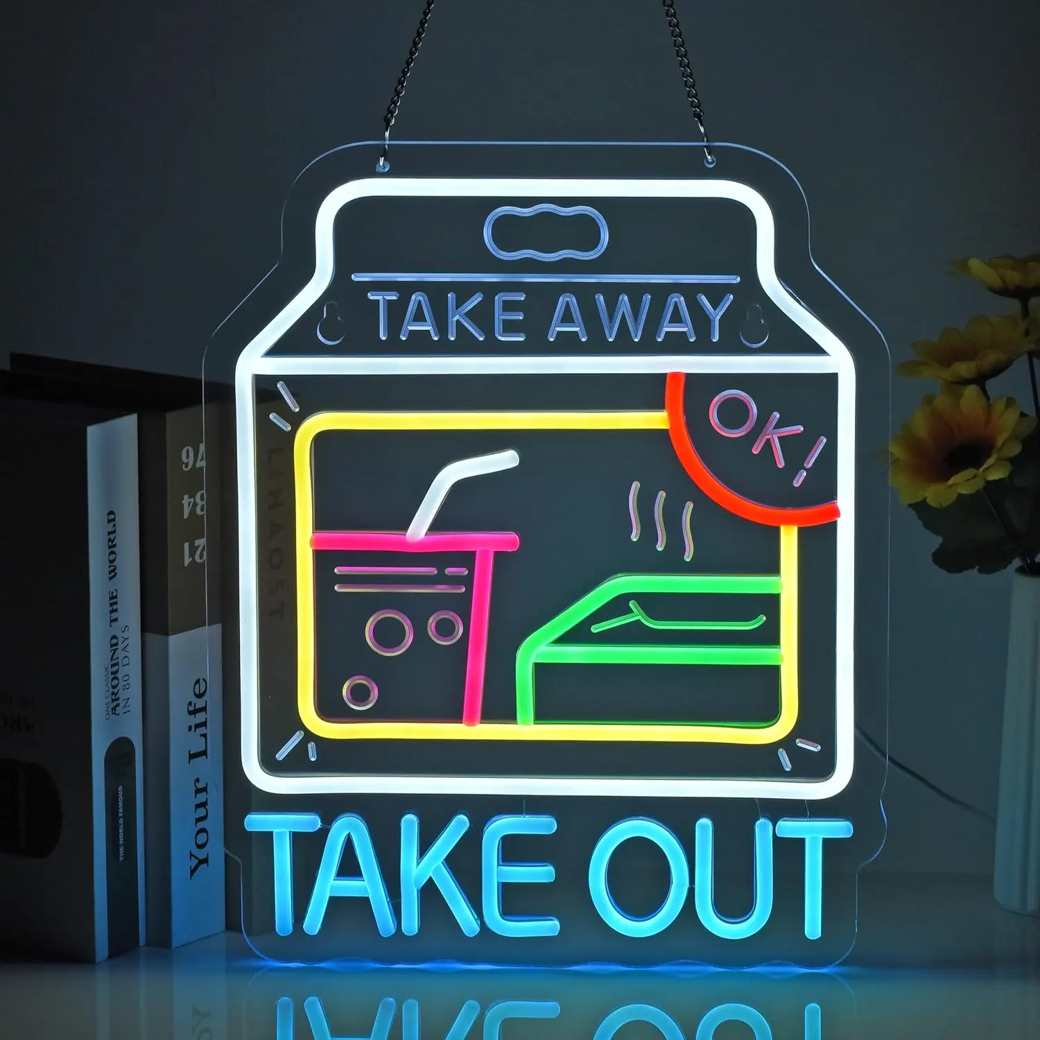 Take Away Take Out Food Neon Sign Dimmable LED Wall Lamp Fast Food Cafe Bistro Window Decor for Diner Store Front Opening Gift