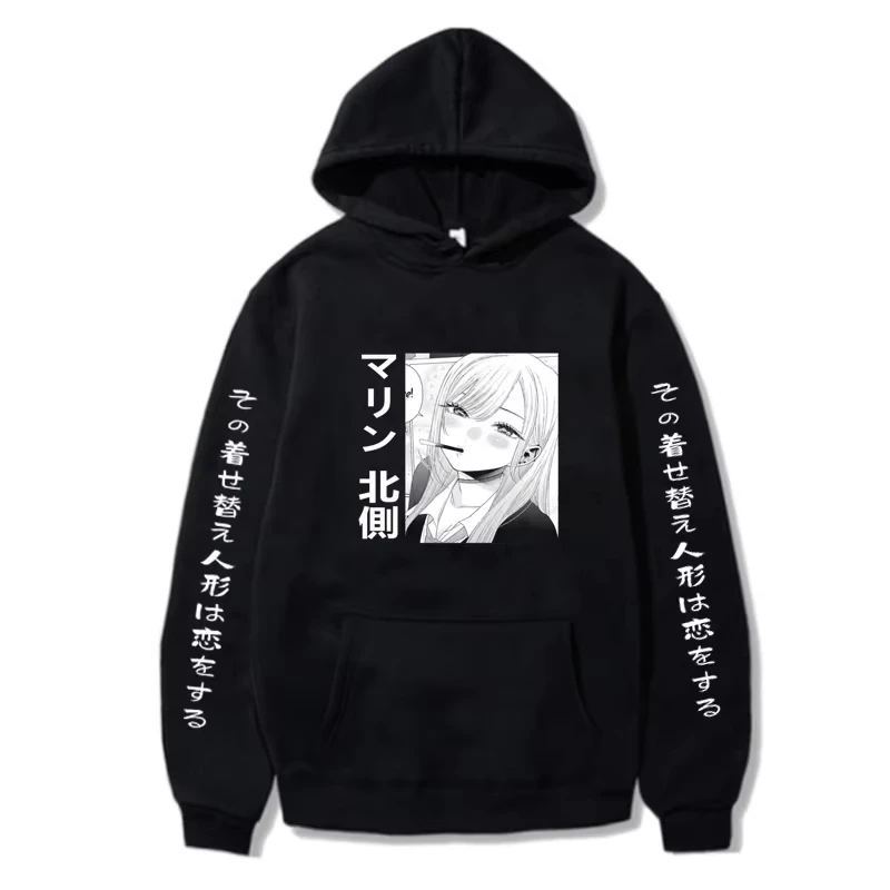 Anime My Dress‑Up Darling Kitagawa Marin Pattern Print Men Autumn Winter Hooded Sweatshirt Unisex Casual Streetwear Pullover Top