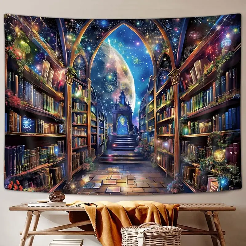 Magic Library Fantasy Library Tapestry - Extra Large 40x30 Inch Gothic Library Scene Wall Hanging with Bookshelves, Arcane Doorw