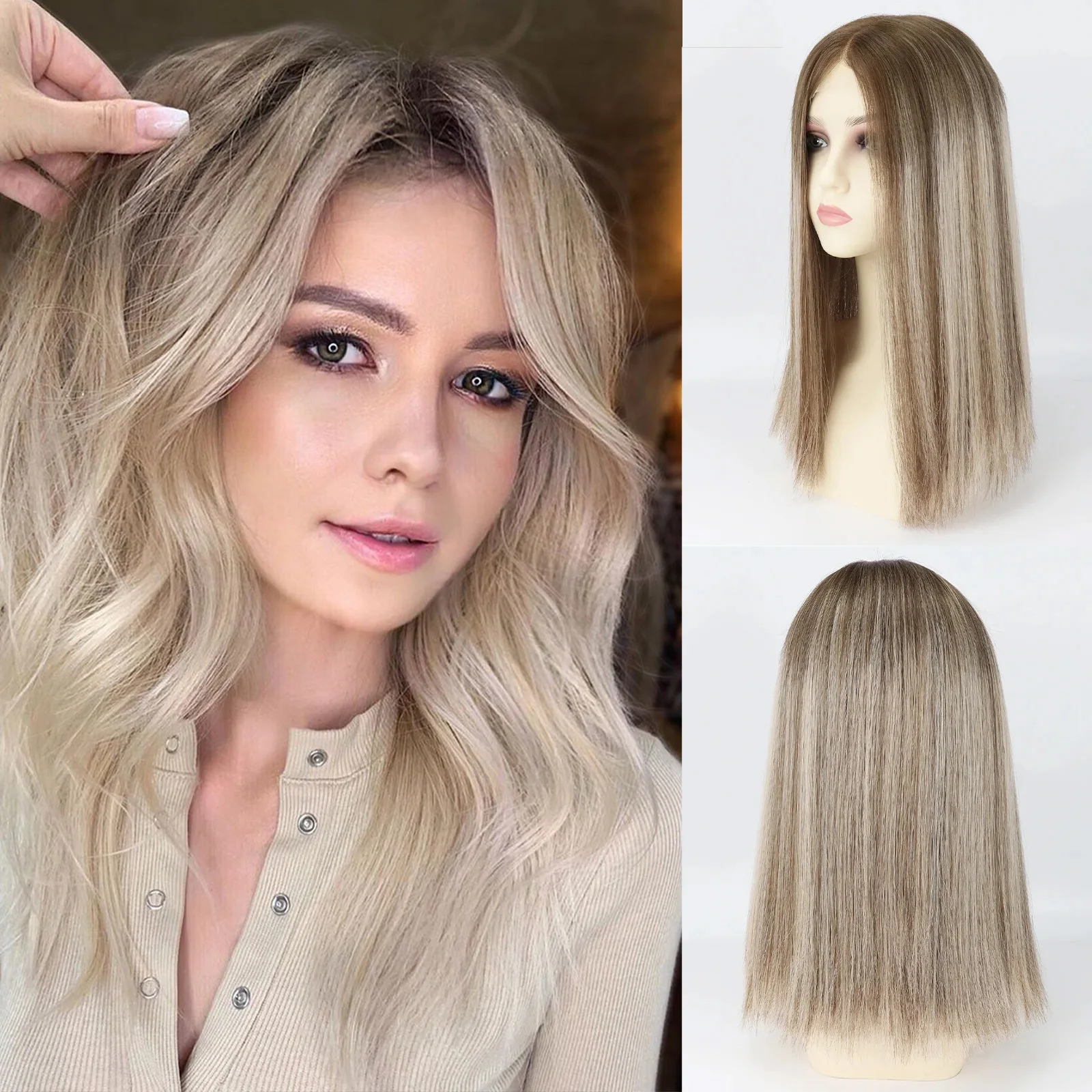 

16inch Jewish Wig for Women with Silk Fabric Real Virgin European Human Hair #8D-60 Highlight Blonde Bleached Knots Kosher