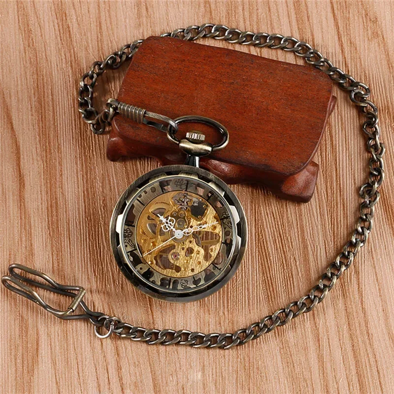 Black/Bronze Unisex Hand-winding Mechanical Pocket Watch Steampunk Transparent Open Face Case with Pendant FOB Chain Timepeice