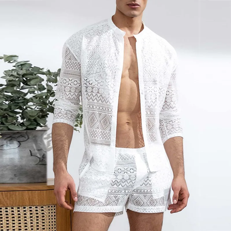 Men\'s Clothing Fashion Suit Men 2pcs Clothes Set Hollow Out Sexy Lace Short Sleeve Casual T Shirt Top Shorts Summer Solid Color