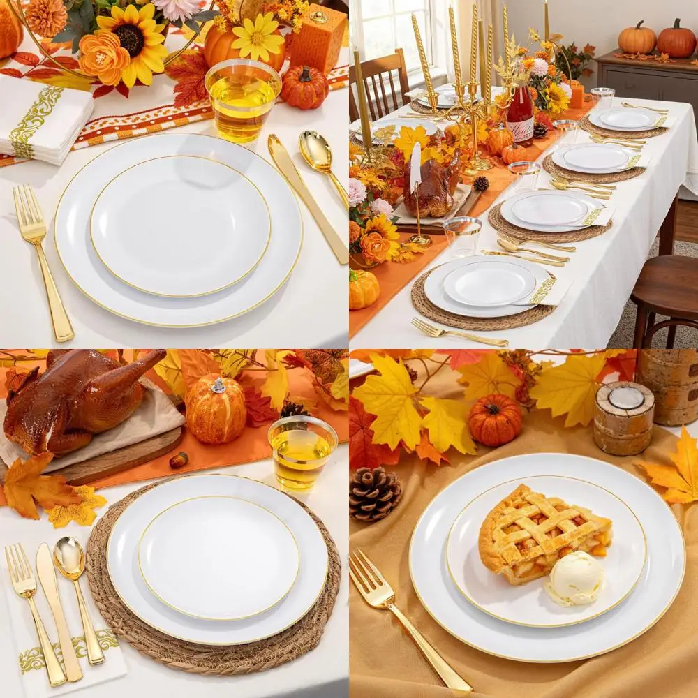 

Gold Fall Party Dinnerware Set: 50 White & Gold Plates, 150 Cutlery, 50 Napkins/Cups for Thanksgiving Celebration