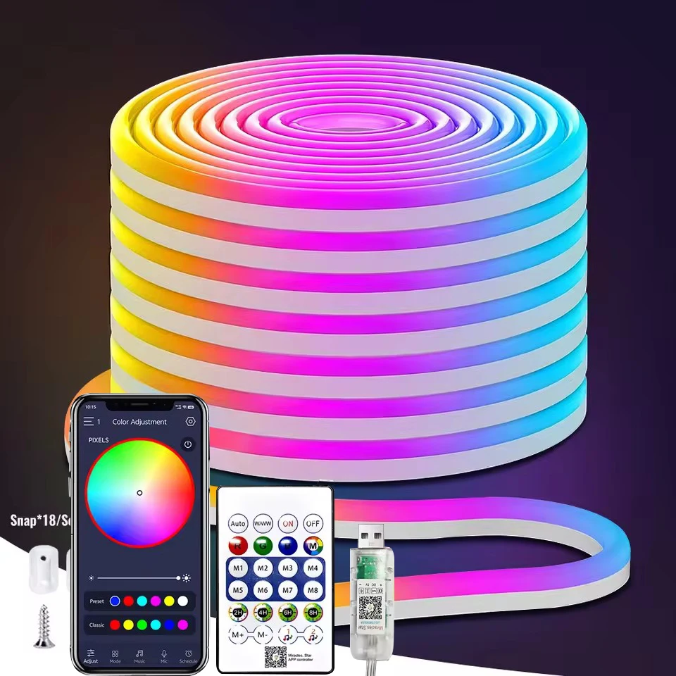 5V USB RGBIC Neon LED Strip,1/2/3/4/5M IP65 RGBIC Neon lamp tape with Bluetooth App and Remote For DIY Neon Deocoration Lighting