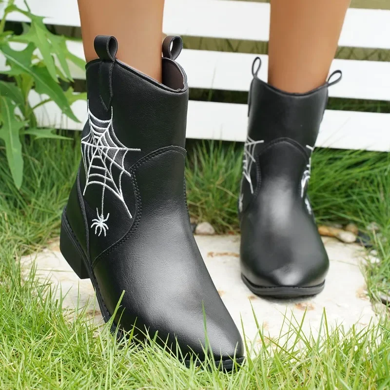 Ladies Fasion Ankle Boots Pointed Toe Thick Soled Short Boots for Women Wedding Party Sexy Cobweb Embroidered Wide Width Boots