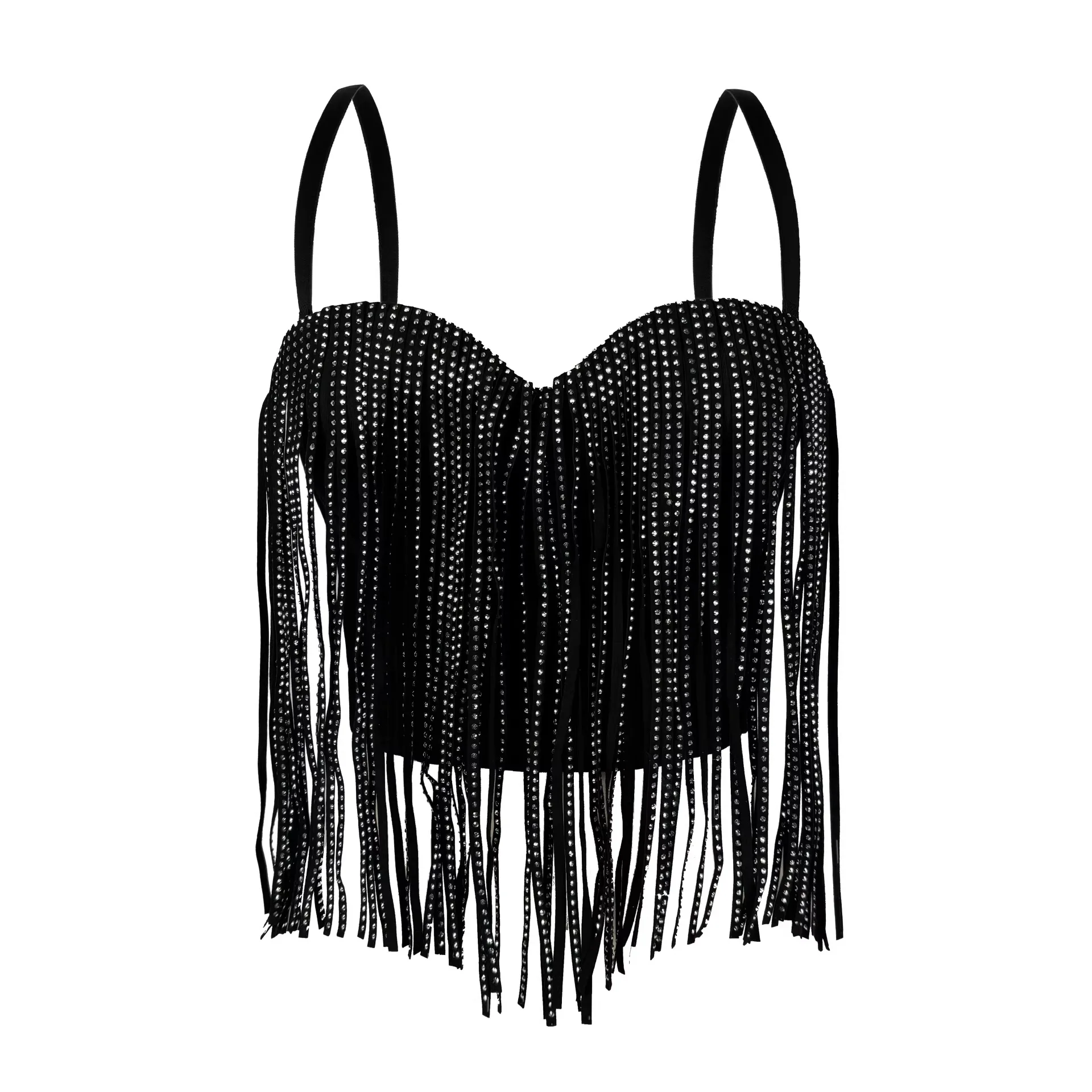 

Сексуальный топ-бюстье с бахромой, стразами и цепочками, укороченный, облегающий, универсальный, на бретельках, для танцев, модный, для женщин