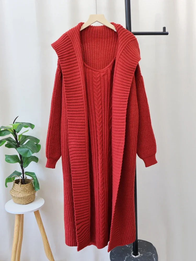 

Fashion Celebrity Sweater Suit Women's Autumn Winter Collocation One Set Sling Long Dress Long Knitted Cardigan Tow-Piece Set