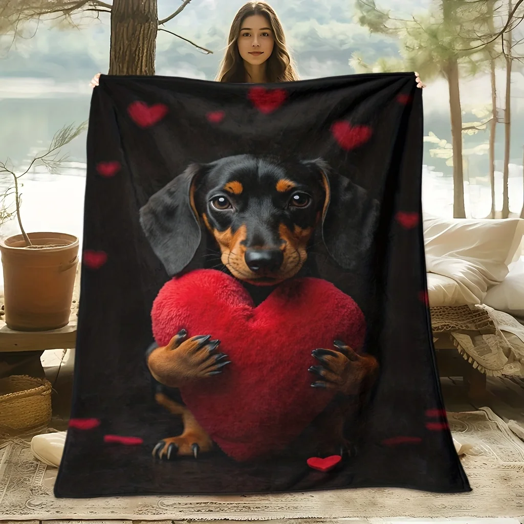 Dachshund Holding Red Heart Black Background Love Theme Soft Cozy Throw Blanket for Sofa Bed Pet Devotion