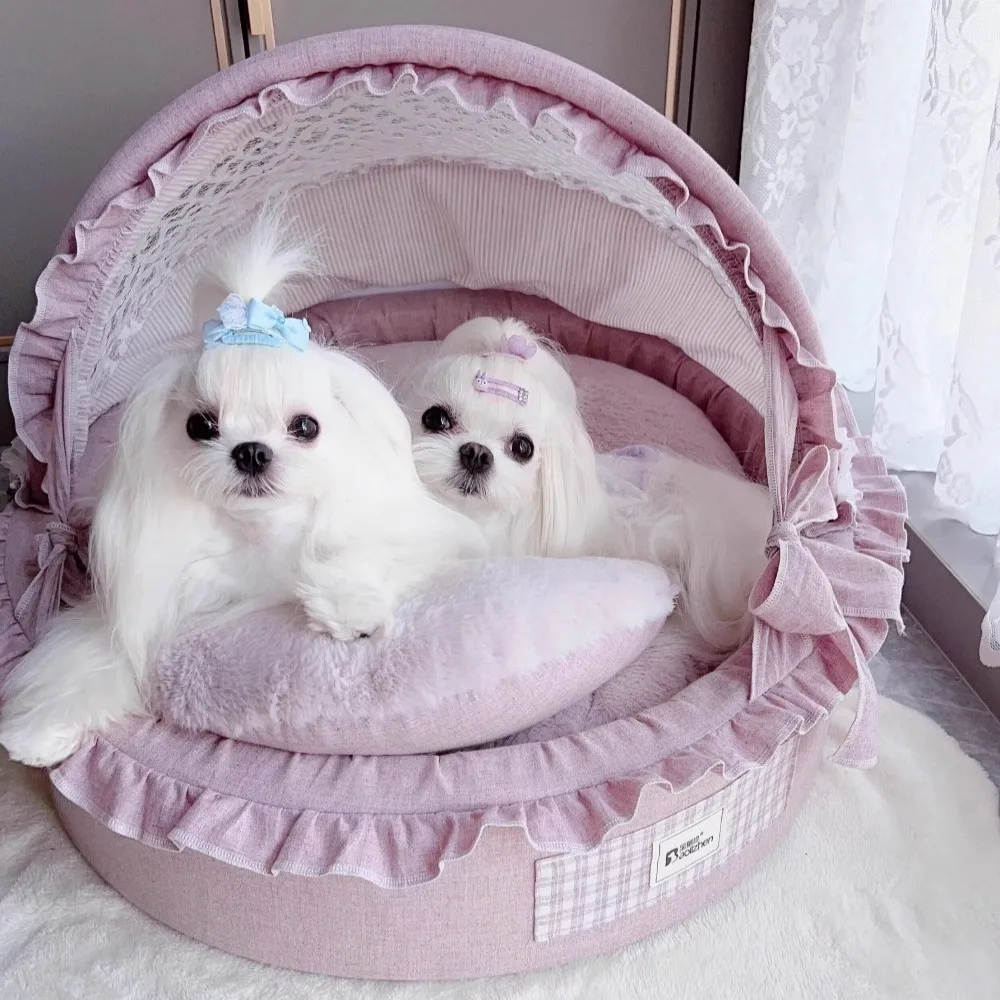 Removable Pet Cradle Bed Four-Season Warm Cozy Dog/Cat Bed Soft and Comfortable Cotton and Linen Small Dog Beds Durable