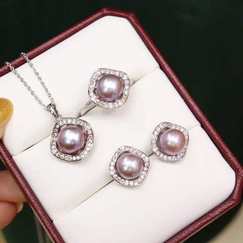 Big Shell Pearl Necklace Women's Versatile Beauty Silver Earnail Earpin Ring Eardrop 3-Piece Set
