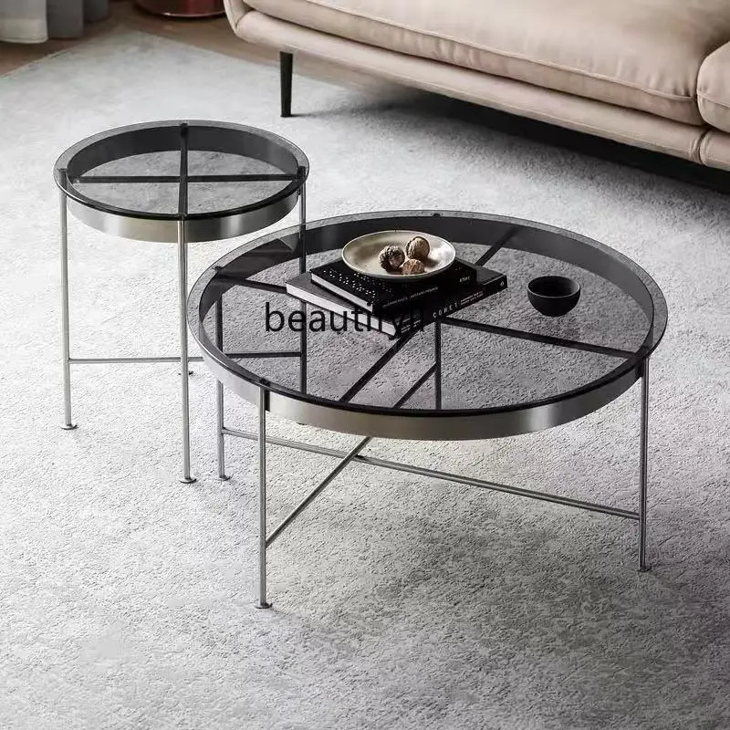 4yj15노르딕 라이트 럭셔리 원형 심플 모던 스테인리스 강화유리 커피 테이블 거실 가구 세트