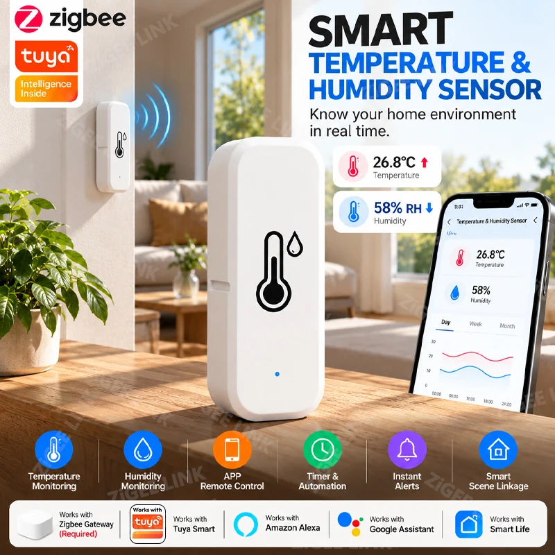 1-4pc Zigbee Temperature Humidity Sensor for Indoor Home Real‑time Environment Monitoring Instant Alert & Smart Scene Automation