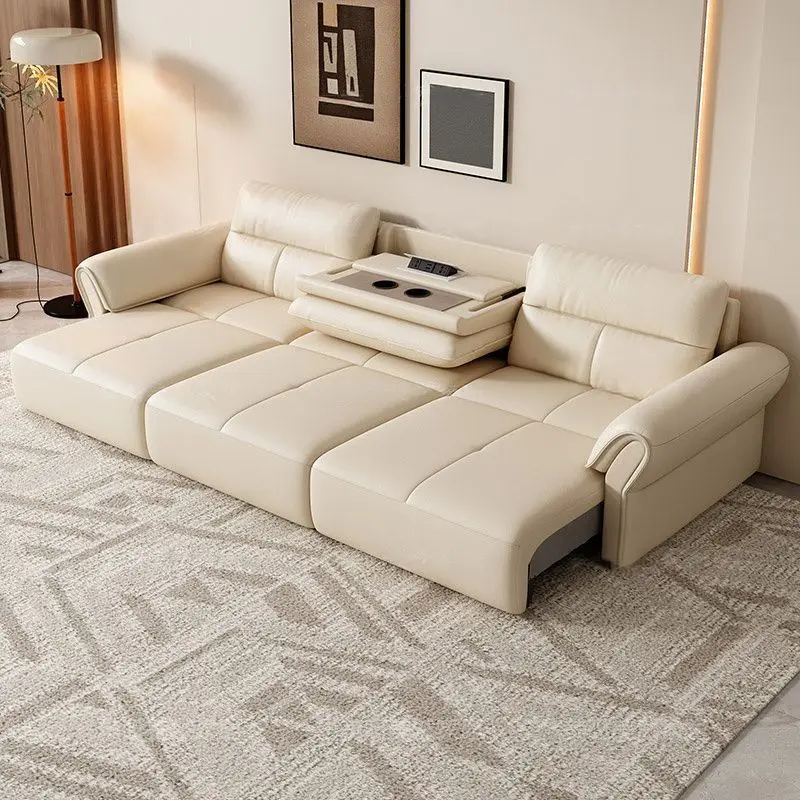 

Electric Retractable Cowhide Sofa Bed, Multifunctional Zero-Wall Recliner with Cup Holder for Small Apartment Living Room