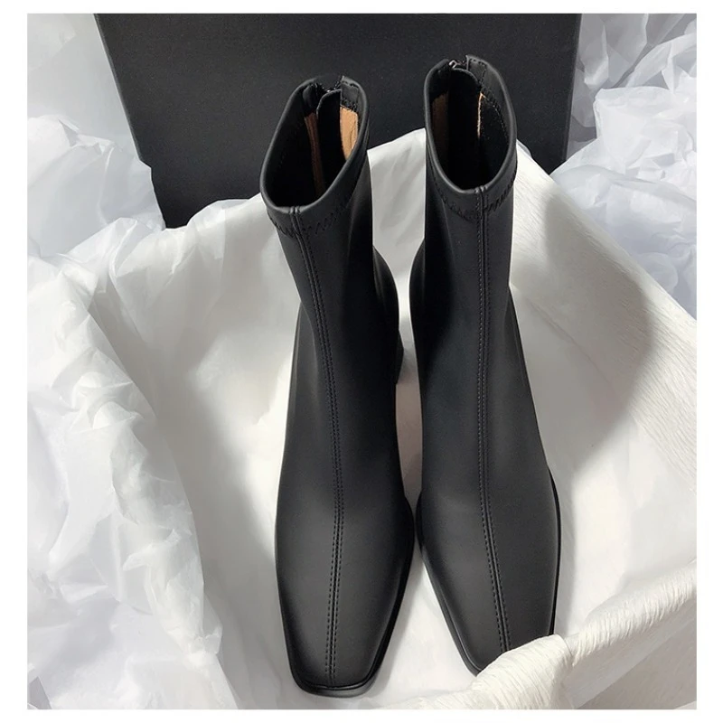 New Square Ankle Boots Autumn Comfortable Soft Leather High Heel Boots Women's Fashion Zipper Simple Temperament Women's Shoes