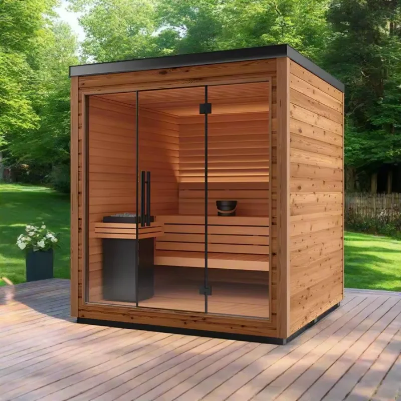 Customized Indoor Outdoor High End Panoramic Glass Window Traditional Steam Sauna Room Solid Wood Structure Dry Wet Steam Cabin