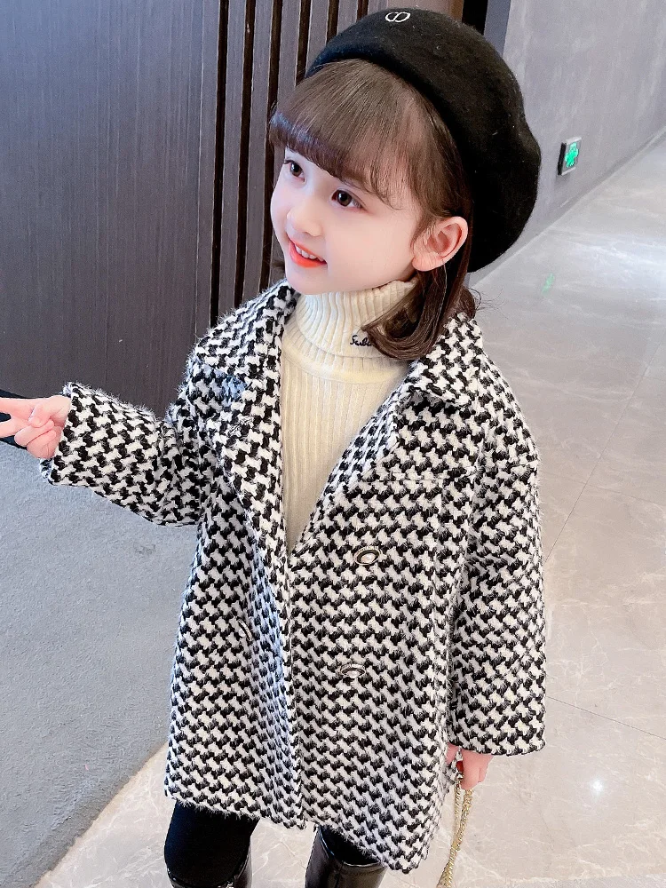

Faionable Plaid Autumn Winter Coat for Little Girls Casual Versatile Korean Sle Girls Outerwear Ele Ladylike Design