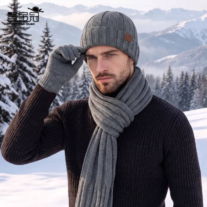 Winter Knitted Wool Hat Fleece Hat Scarf Gloves Three-piece Men's and Women's Outdoor Thermal Ear Protector Pullover Hat Hats