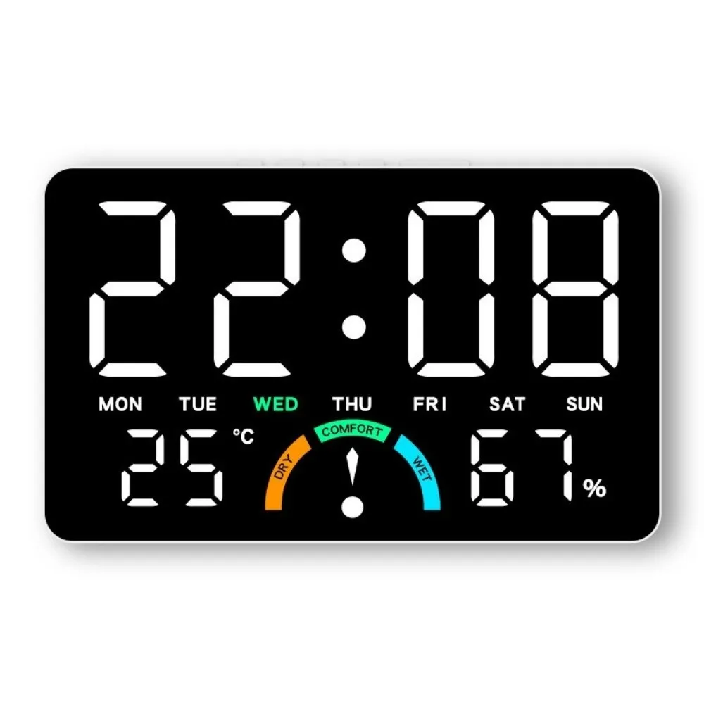 Time/Temperature/ Humidity Digital Wall Clock Large Screen Comfort Reminder LED Alarm Clock Dual Alarms Date Display