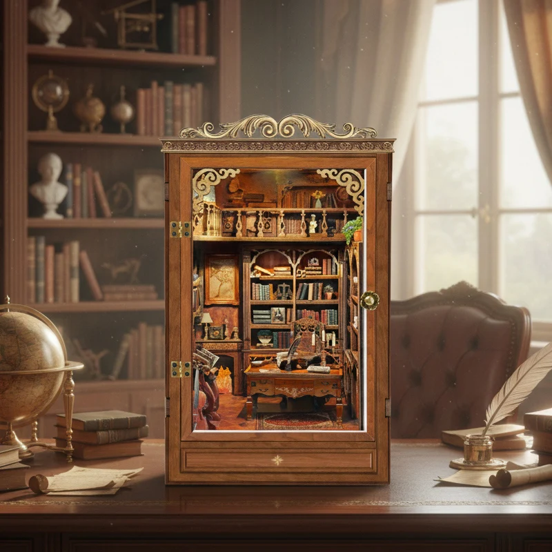 OUZEY 레트로 스터디 북 누크 DIY 키트 - 피규어가 포함된 3D 목재 미니어처 모델, 수집가용 북엔드 및 선물