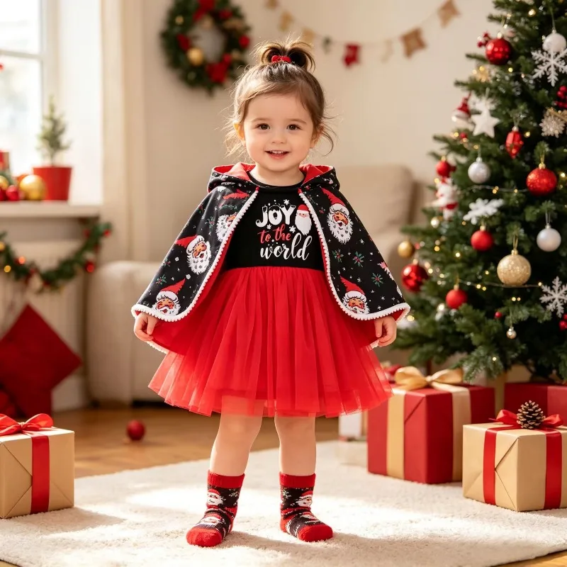 Toddler Baby Girl Christmas Cloak Set Black T Shirt With Joy The World Print Red Tulle Skirt And Santa Hooded Cape Costume 0 36M