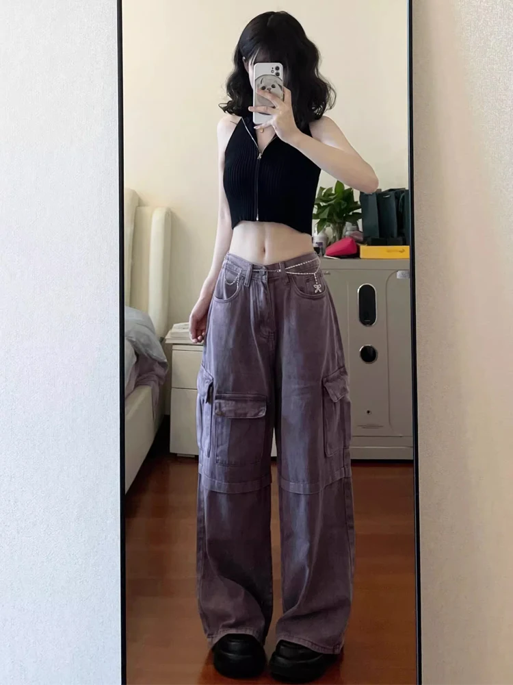 プラスサイズアメリカンレトロパープル作業服ジーンズ女性春スパイシーハイウエストルーズワイドレッグパンツ床の長さのトレンディなズボン