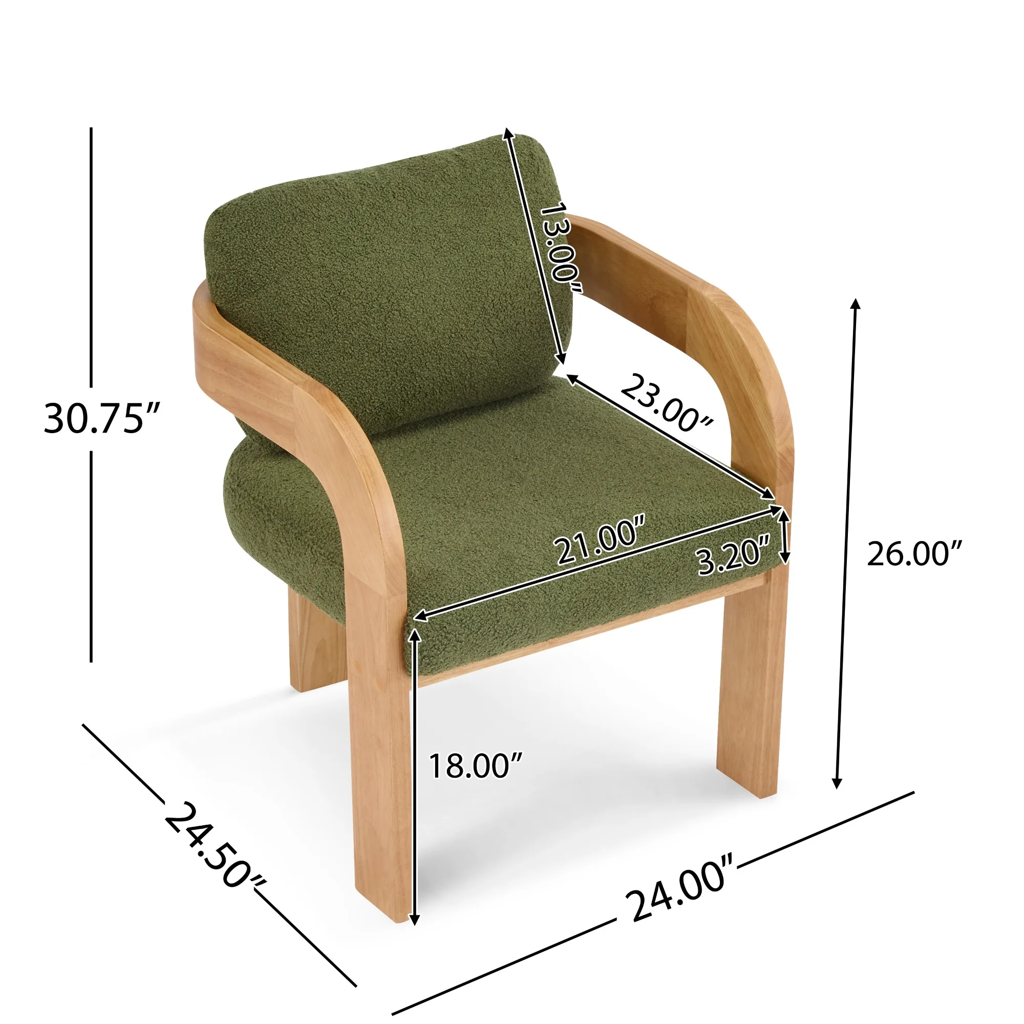2-Pack Dining Chairs with Pillow Back, Green Boucle Fabric, Natural Color Solid Wood Frame Dining Room Furniture
