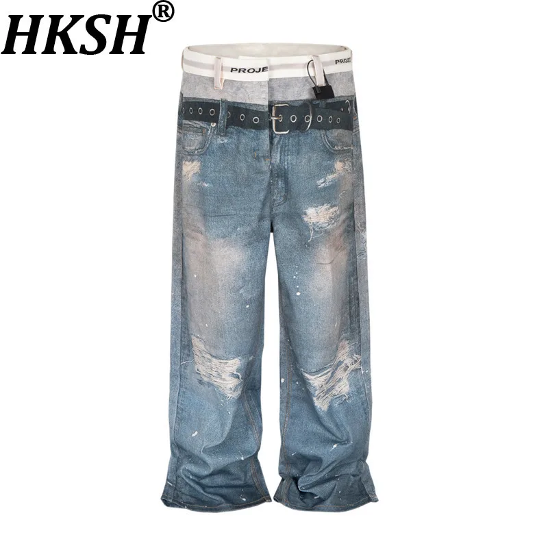 

HKSH Spring Summer New Men's High Street Chic Fashion Distressed Washed Jeans Chic Contrast Color Straight Wide Leg Pants HK7030