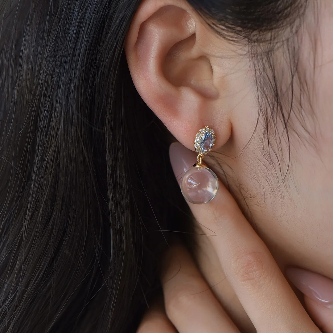 1 Pair Fengbaowu Natural Stone Rock Quartz Earring Sphere Ear Stud 925 Sterling Silver Crystal Fashion Jewelry Gift For Women