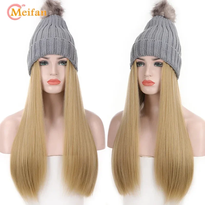 MEIFAN Long Synthetic Warm Knitted Hat Wig Natural Black Brown Wavy Curly Wig Natural Connect Elastic Hat Wig For Girl Party