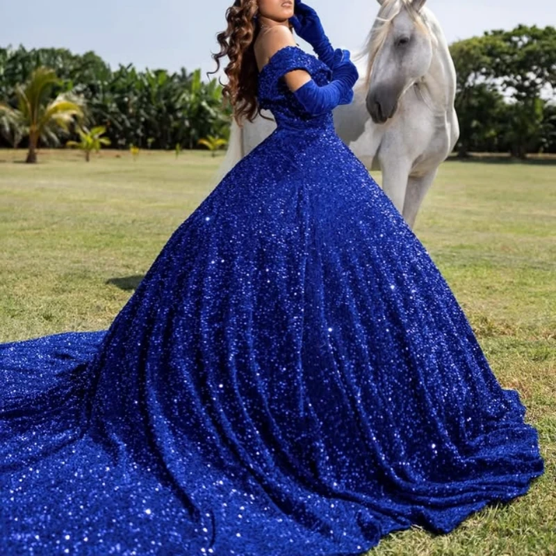 Personalizado brilhante azul royal quinceanera vestidos fora do ombro lantejoulas cristal cauda longa vestido 15 quinceanera