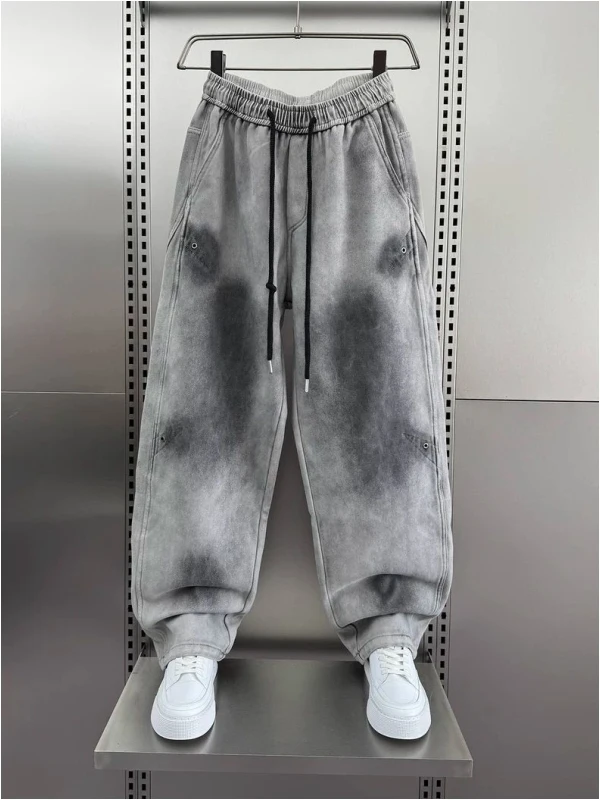 

Мужские джинсы большого размера с эффектом тай-дай, широкие, прямого кроя, с потертостями, для весны и осени, в уличном стиле, повседневные, с эффектом потертости