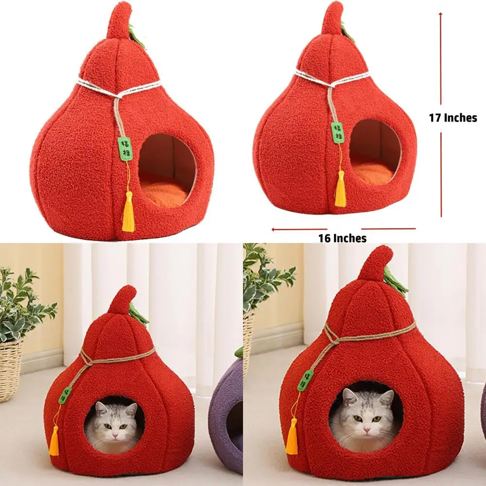 Fully Enclosed Gourd-shaped Warm Cat Bed, Lucky Persimmon Design, Detachable for Winter, Ideal for Dogs and Cats, Pet Supplies,